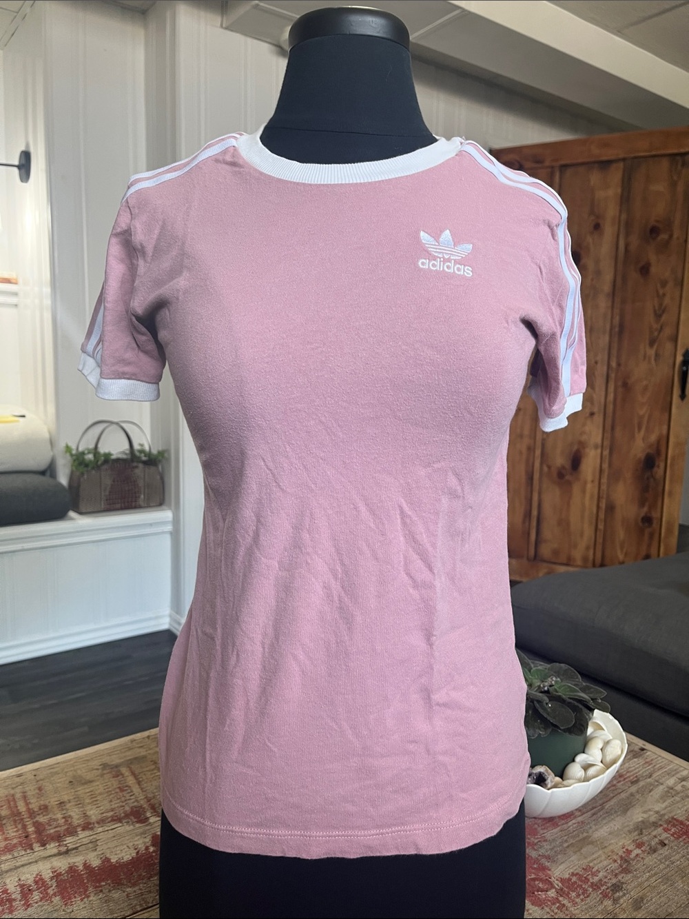 adidas Pink Short Sleeve Trefoil Ringer Tee with White Trim